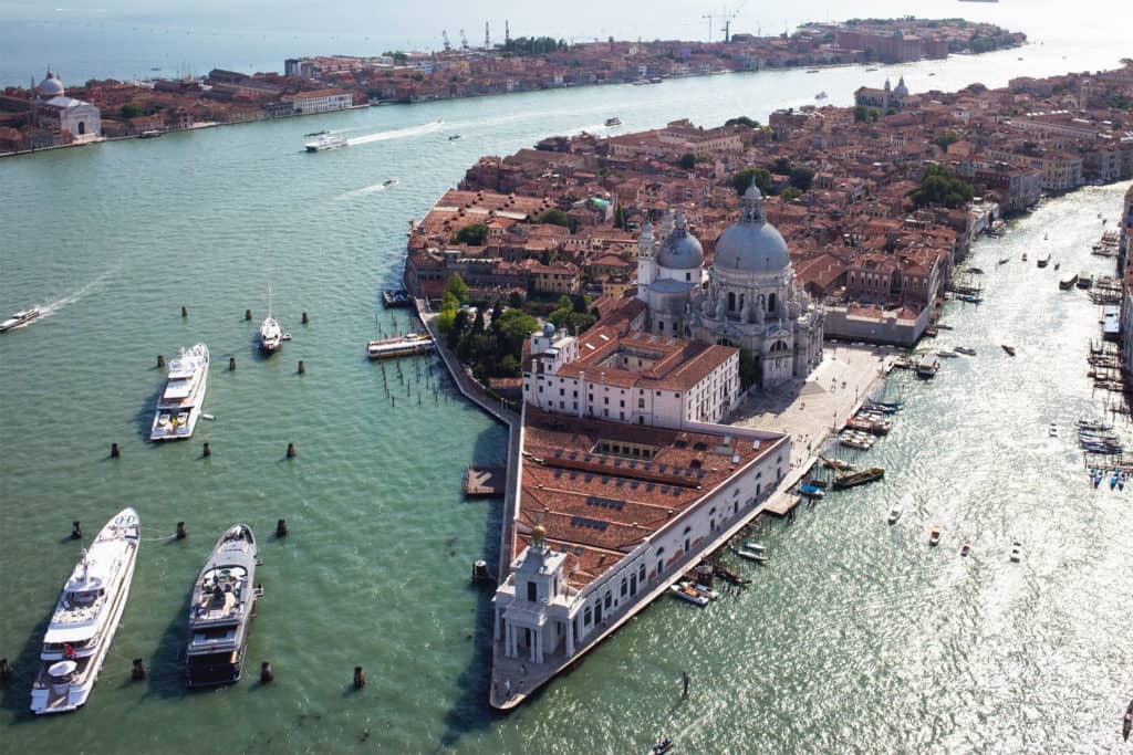 Punta della Dogana, Basilica della Salute, Dorsoduro and Giudecca seen from above. Sestiere of Dorsoduro Punta della Dogana, Basilica della Salute, Dorsoduro and Giudecca seen from above. Sestiere of Dorsoduro