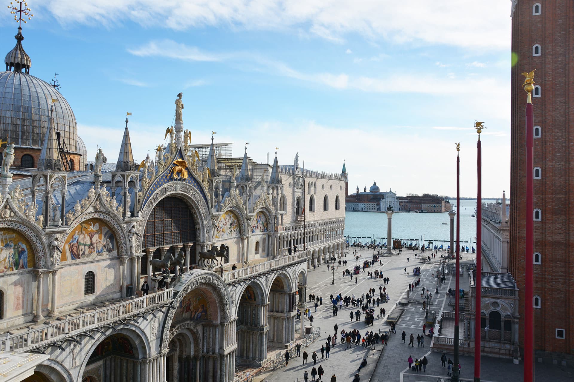 Facade of the Basilica of San Marco, Palazzo Ducale and Bacino seen from above. Sestiere of San Marco